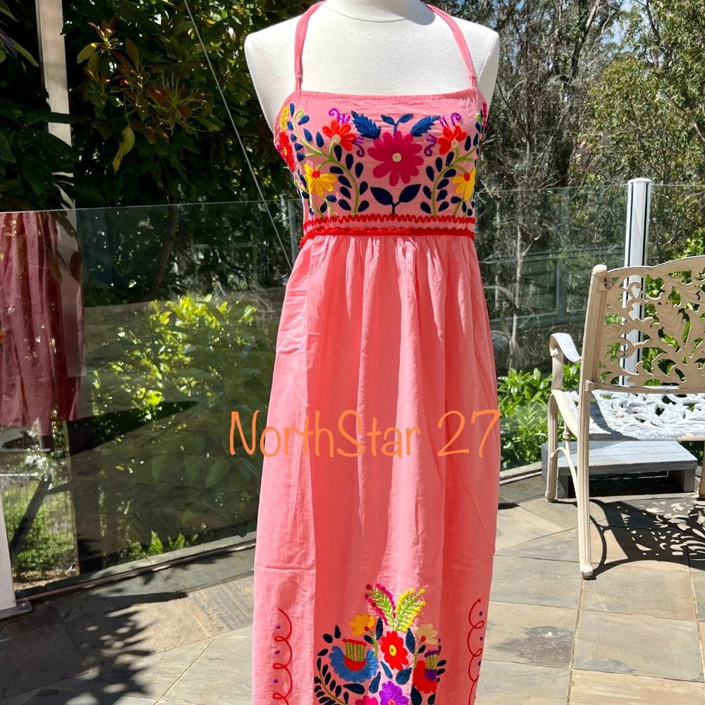 Plus/Regular Size Embroidered Moroccan Vacation Halter Neck Sun Dress